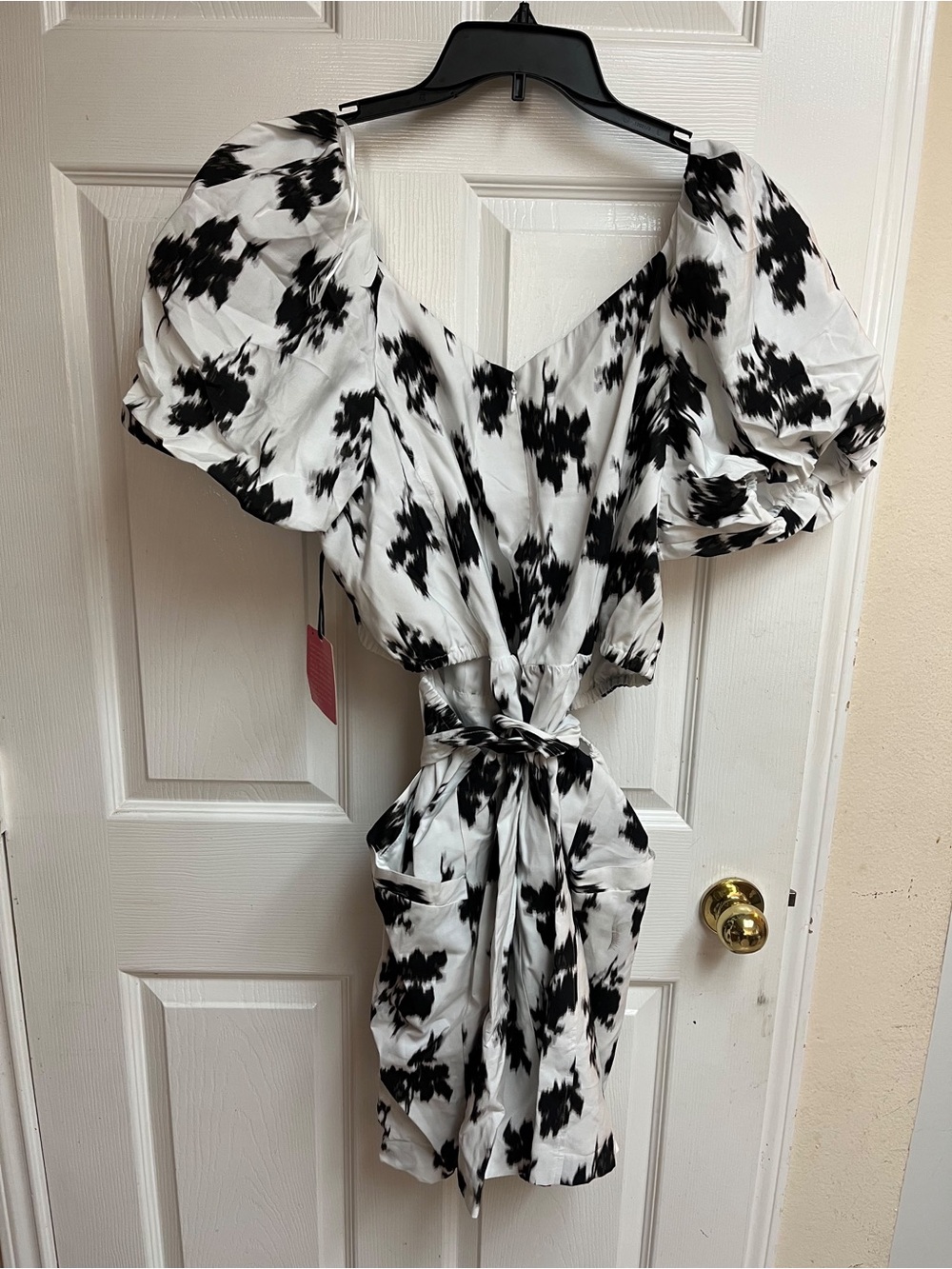 Prabal Gurung Black and White Puff Sleeve Tie-Waist Mini Dress